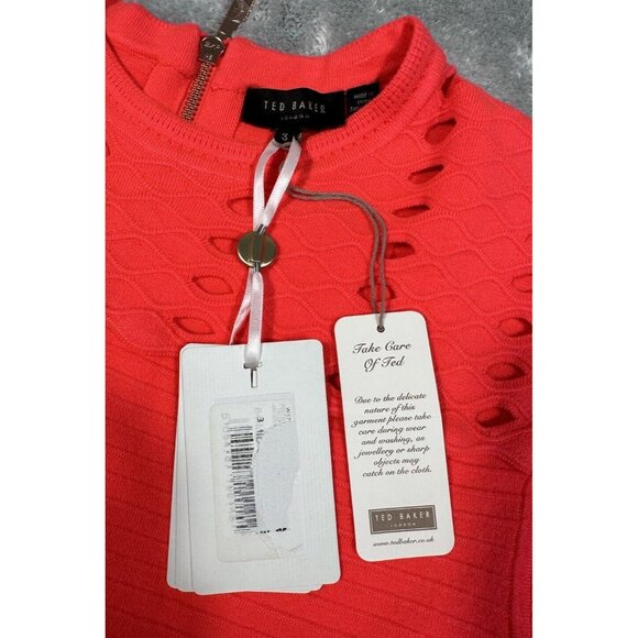 NWT Ted Baker Dress Womens 3 US 8 Neon Pink Coral Zaralie Jacquard Knit Skater - Picture 4 of 12